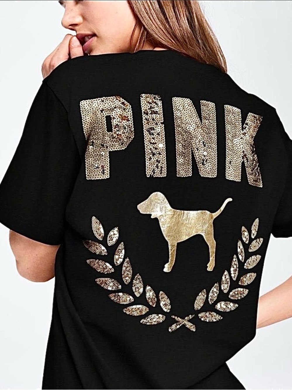 EXC • VS PINK “Pink” Dog Wreath Sequin Graphic Oversized Tee •